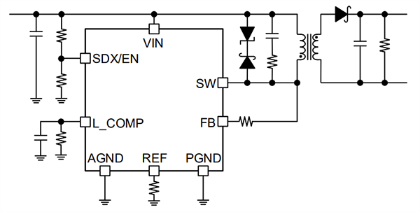 Applikations-Schaltungsdiagramm - ROHM Semiconductor BD7J201x Isolierte Sperrwandler-ICs mit geringem Stromverbrauch